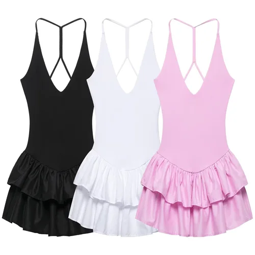 Imagen 2 del producto HXAO Vestidos para mujer Vestido halter con volantes Verano Negro Rosa Vestido blanco Mini Vestidos cortos sin espalda en capas Vestidos elegantes 066
