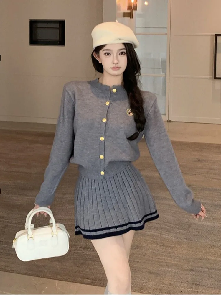 Autumn Winter Women Korean 2000s Vintage Preppy Old Money Outfits 2 Piece Set Long Sleeve Cardigan Sweater + Mini Pleated Skirts