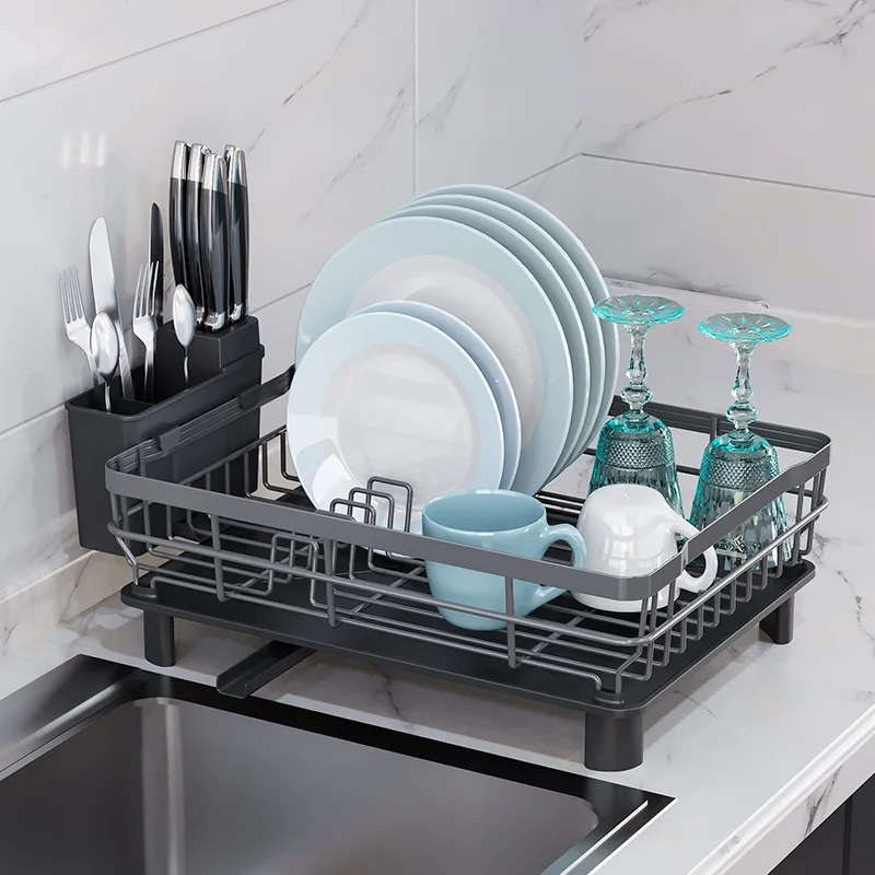 

HouseHold Dish Bowl Rack Standing Metal Dish Drying Racks Over The Sink Cutlery Organizer Shelf Holder With Drainer Plate