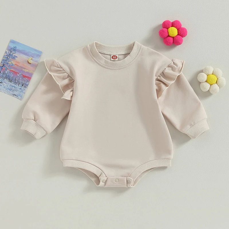 2023-06-21 Lioraitiin 0-18M Baby Boy Girl Sweatshirt Bodysuit Ruffle Long Sleeve Round Neck Solid Color Infant Jumpsuit