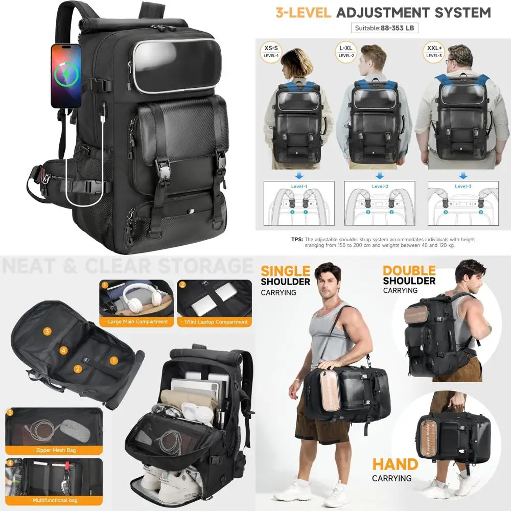 

Men's 60L Travel Backpack with Magnetic Closure, Carry-On Luggage, Large Gym Duffle, Shoe and Water Bottle Compartments