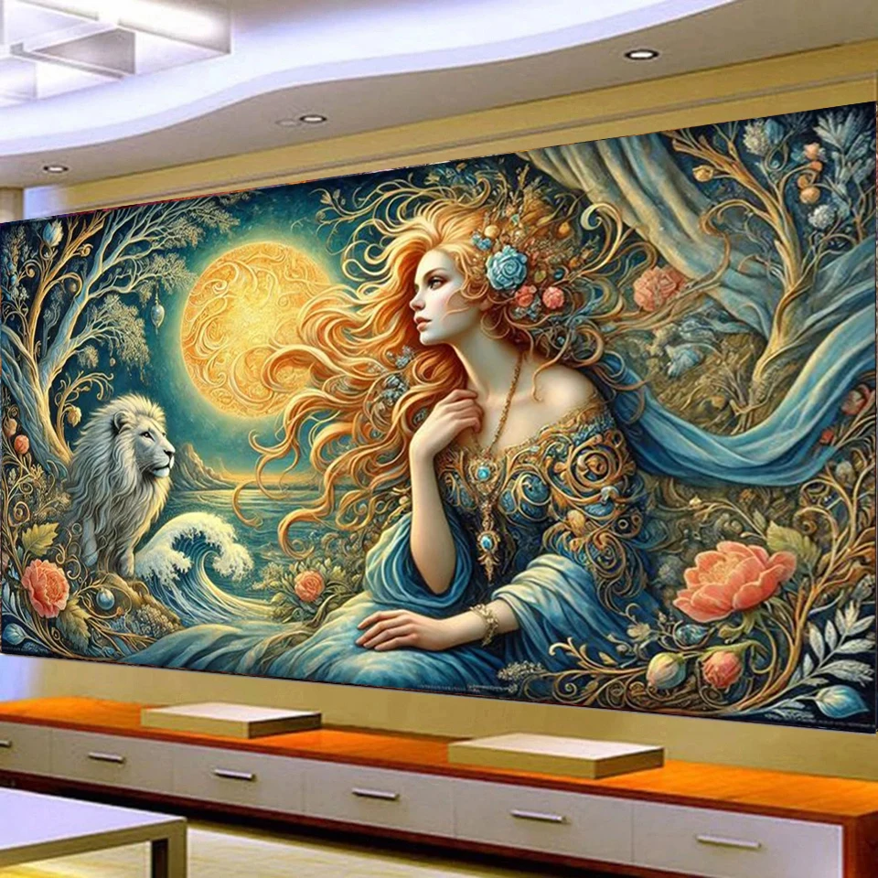 

Diy Алмазная картина Пейзаж Большой размер Комплект Лев и женщина Полная вышивка Животное Настенные декоративные картины со стразами для дома