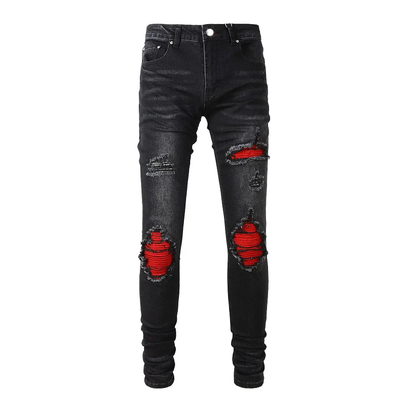 

US Drip Men's Distressed Jeans Streetwear Skinny Stretch Holes Red Ribs Patches Ripped Jeans