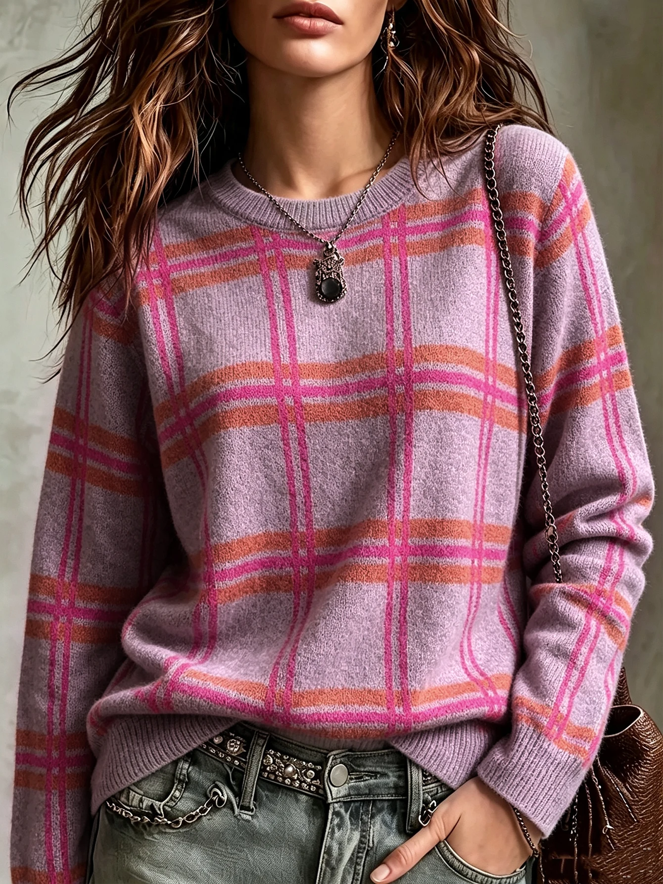 European and American Style Autumn and Winter Round-Neck Plaid Long-Sleeve Pullover Sweater, Pink and Purple Color-Blocking Retro Plaid Knit Top, Christmas-Themed Loose and Cozy Knitwear, Casual and Versatile for Daily Wear, Drop-Shoulder Slimming Women's Base Layer, Warm and Soft Personalized Plaid Pullover Knit Sweater for Parties and Outings