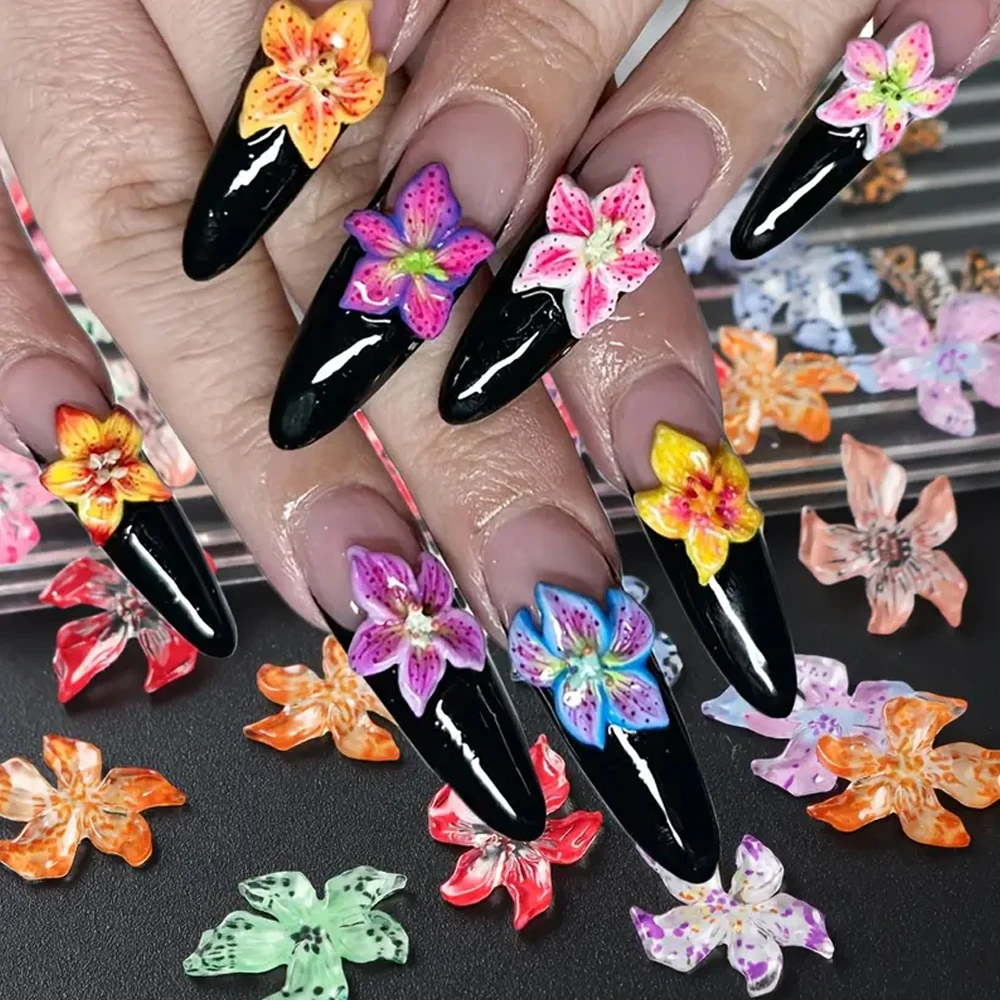 Décoration d'ongles mixte de fleurs hawaïennes, 60 pièces, dégradé 3D, fleur de cerisier, cristal, cinq pétales, imprimé léopard, fleur de lys, breloques pour ongles