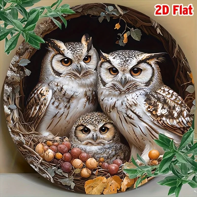 2D Flat Surface, 2D Flat Surface 1 Piece Circular Cafe Atmosphere Retro Owl Theme 3D Embossed Aluminum Wall Art, 8inch , Pre-Drilled, Very Suitable for H