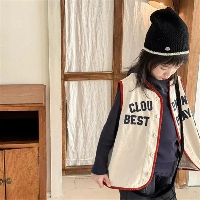 1-10Y Children's Vest 2025 Spring Autumn New Item Letter Camisole Top for Children Korean Boy Girl Color Collision Denim Vest