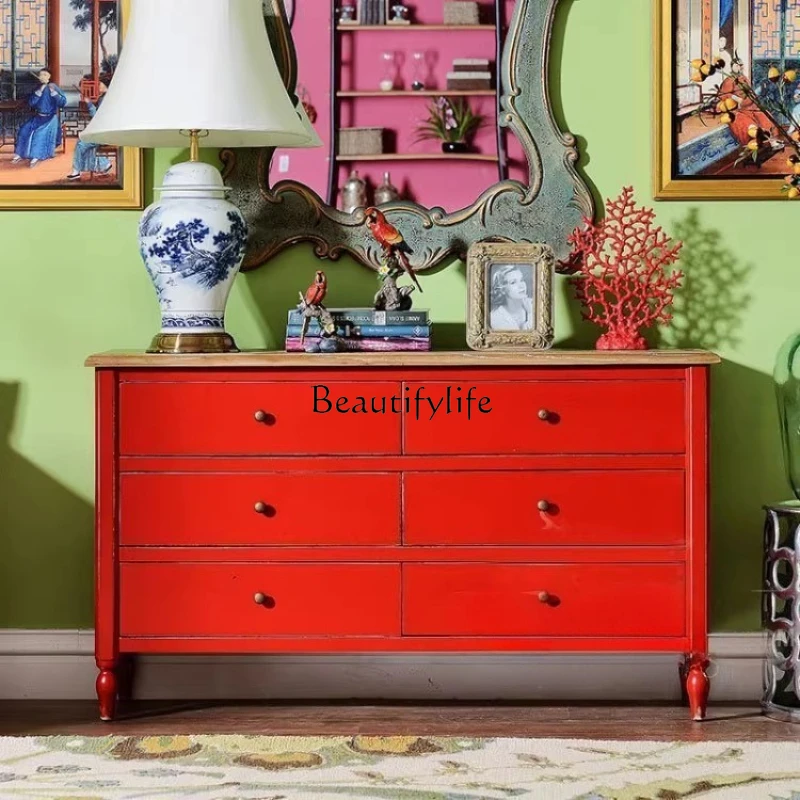 

American country 6 bucket locker Mediterranean red old solid wood fashion side cabinet