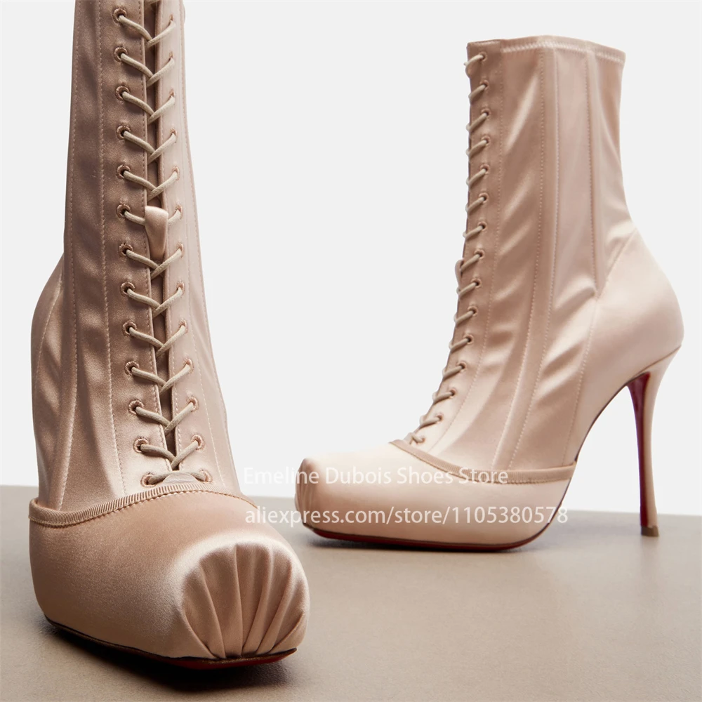 Satin Lace up Side Zip Ballet High Heel Ankle Boots Round Toe Stilettos Bootie Formal Party Club Evening Dress Shoes for Women