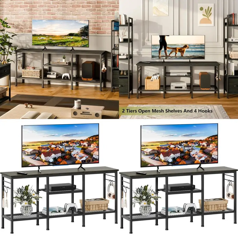 

Подставка под телевизор из черного дуба 55, открытые полки и пространство для саундбара для развлечений в гостиной