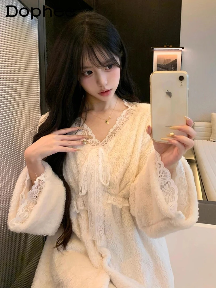 

Осень-зима 2025, новая корейская стильная пижама с кружевной отделкой из кораллового флиса и длинными рукавами, мягкие теплые длинные брюки, комплект домашней одежды для женщин