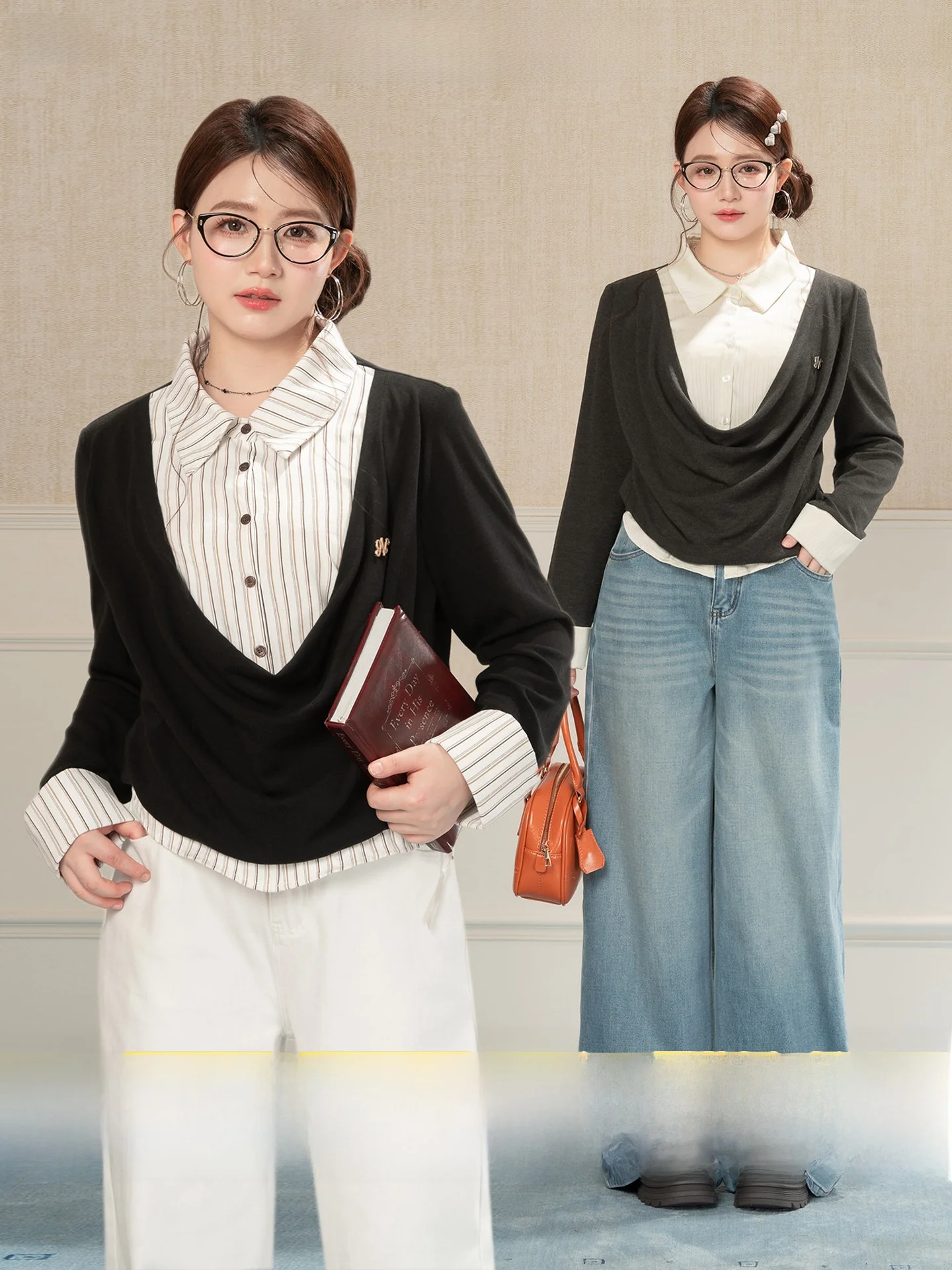 

Heynew plus Size Women's Ne Striped irt Color Blo Slimming Top Casual Loose Fit Long Sve Autumn Faion