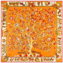 100% Silk Scarf Women Large Shawls Stoles Life Tree Print Square Scarves Echarpes Foulards Femme Wrap Bandanas 130*130CM