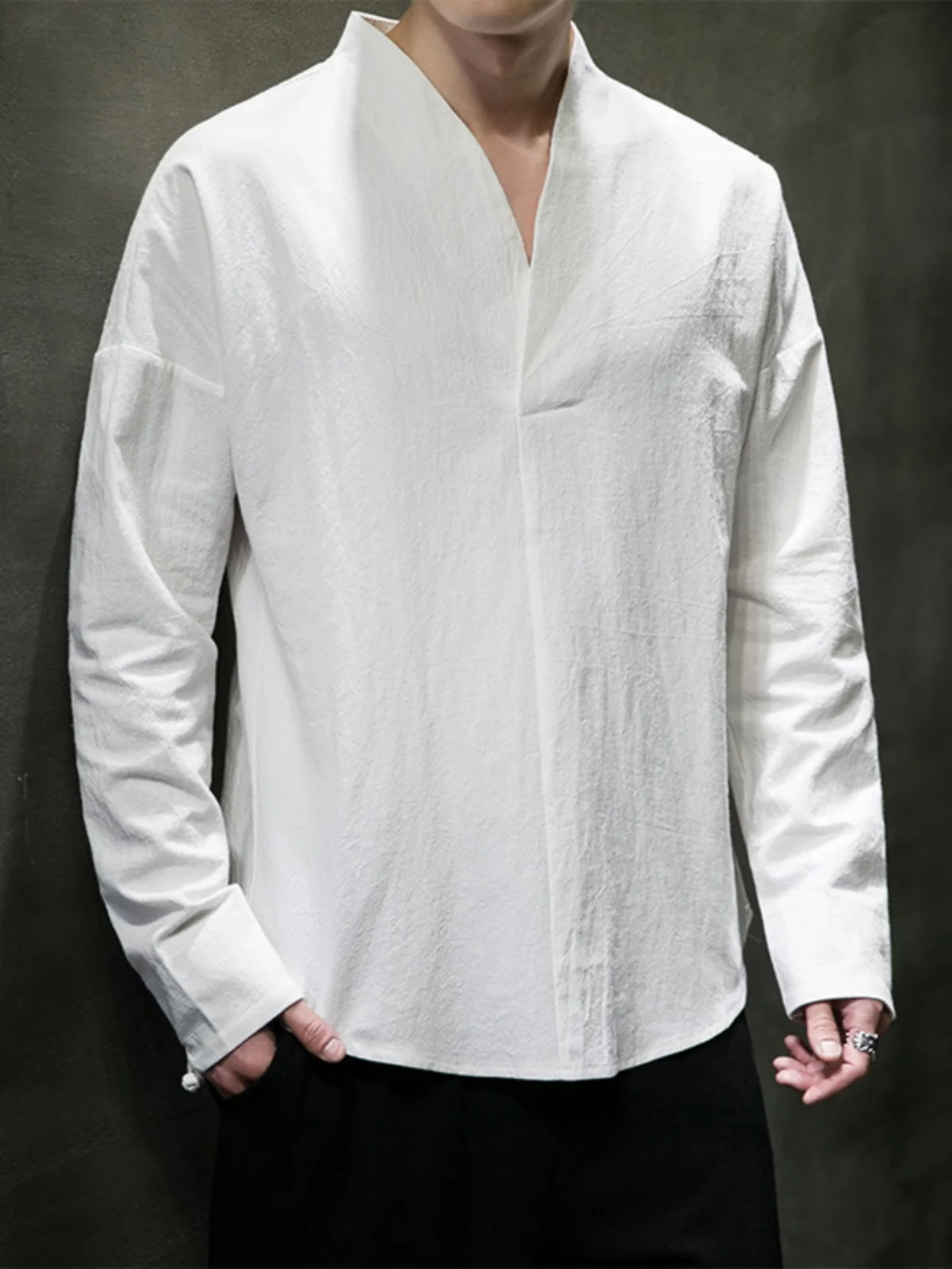 

Мужская ретро-рубашка с длинным рукавом из льна и хлопка, традиционный китайский костюм Ханьфу/Тан, топ для весны, лета, осени