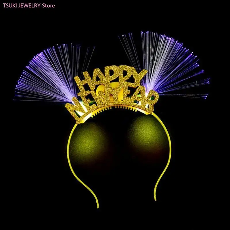 

62KE Women Girls Lovely LED Fiber Ear Hair Hoop Glitter Happy New Year Letters