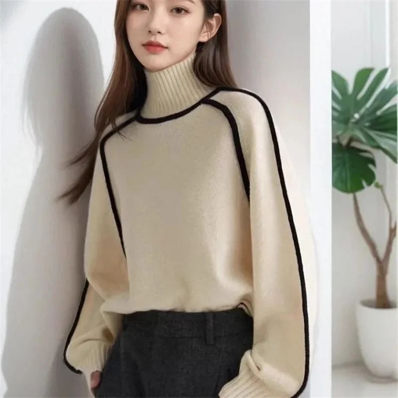 2025 Autumn Long Sleeve Turtleneck Tops Slim Knitted Bottoming Korean Fashion Sweater Harajuku Pullover Women Clothing Jumper