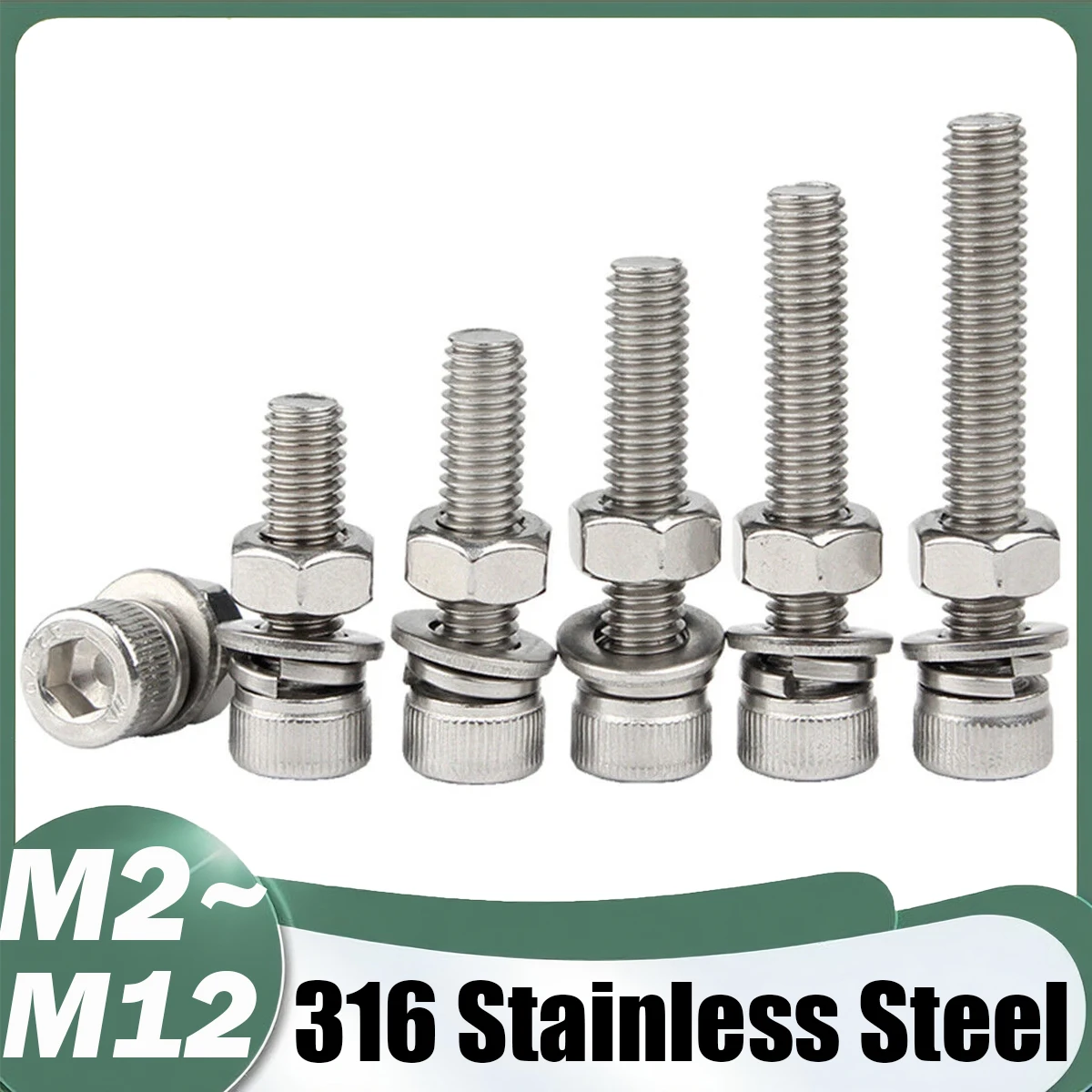 M2 M2.5 M3 M4 M5 M6 M8-M12 316 Stainless Steel Socket Cap Hex Hexagon Bolt Nut Set Accessories Gasket Spring Washer Allen Screw