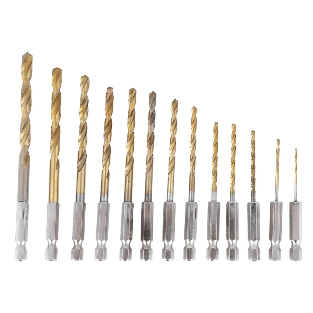 

13pcs Titanium Coated Drill Bit Set 135° Tip High Speed Steel Twist Drill Bits Set Metric Size Hexagonal Handle