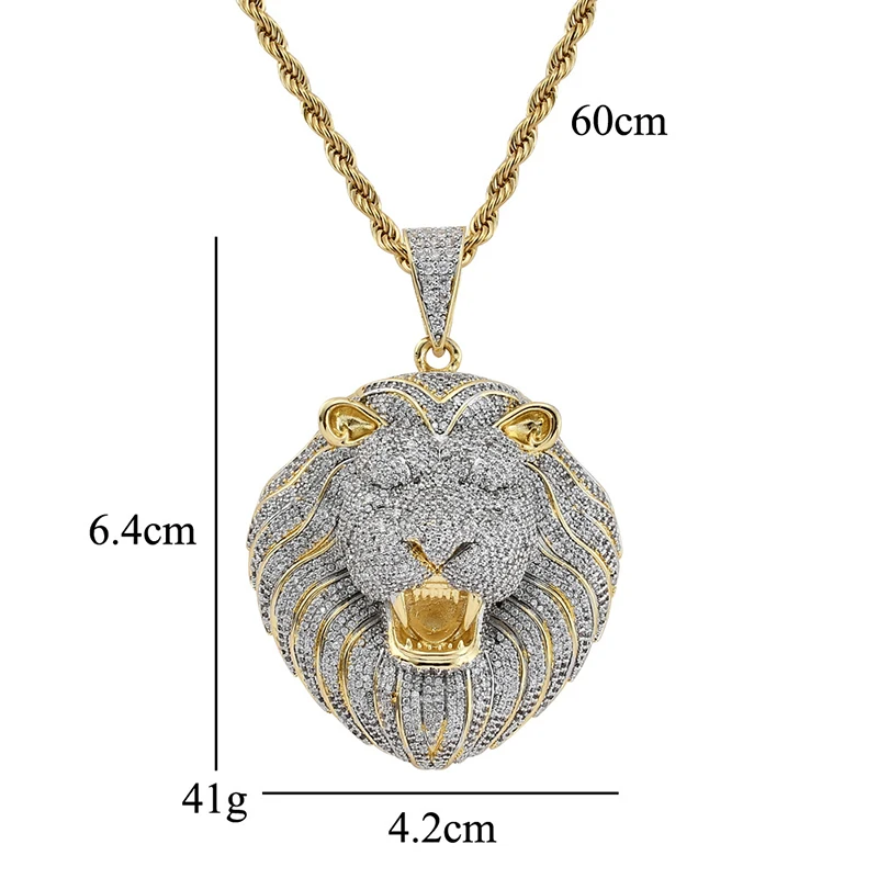 Hip Hop AAA Cubic Zirconia Paved Bling Iced Out Male Lion Pendants Necklace for Men Rapper Jewelry Gold Color