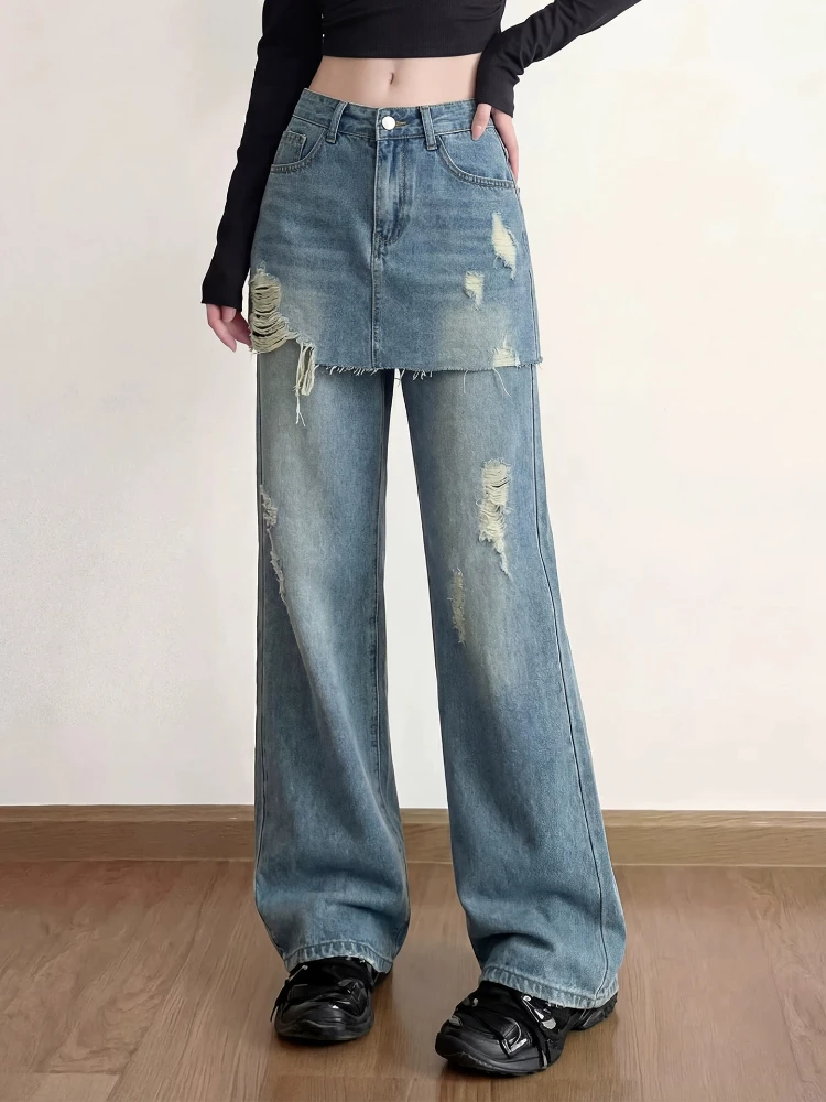

American Retro Hole Wide Leg Jeans Women's New Summer Fake Two-Piece Design High Waist Slimming Long Pants Casual Style