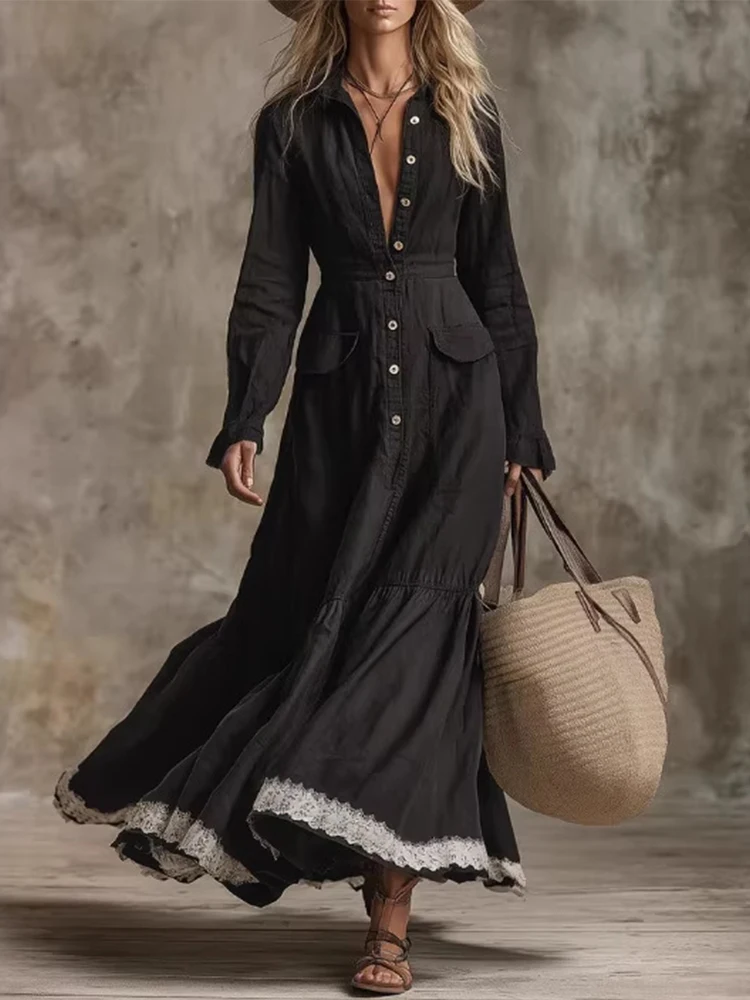 

Early Spring Elegant Black Long Dresses For Women Lapel Neck Long Sleeve High Waist Temperament Female Lace Patchwork Dress