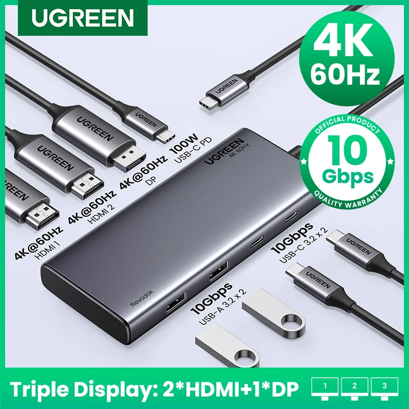 UGREEN-HUB USB C con Triple pantalla, 10Gbps, 4K, HDMI, 8 en 1, divisor con HDMI, DP, USB3.2, PD, 100W, Dock para MacBook Pro Air PC