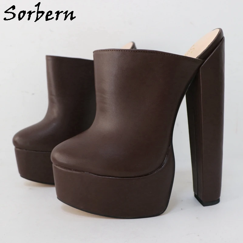 

Sorbern Coffee Matte Slip On Women Pump Mules 20Cm Block High Heel Closed Round Toe Platform Shoes Chunky Heeled Custom Color