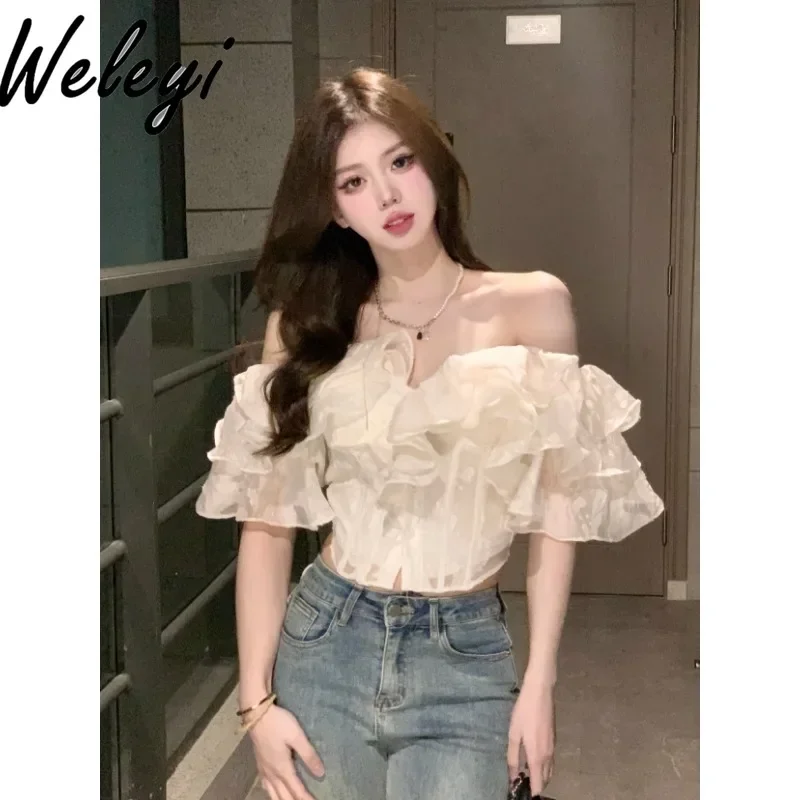 

French Cute Off Shoulder Shirt Ropa De Mujer Summer Sweet All Matching Backless Ruffled Puff Short Sleeve Loose Camisas E Blusas