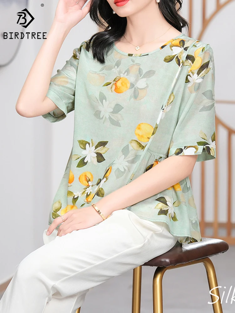 BirdTree 100%Real Silk T-Shirt Women,Round Neck Short Sleeves Floral,Versatile Temperament Commute Top,2024 Spring New T42318QD