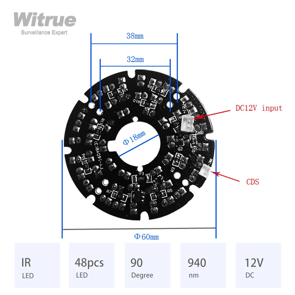 Witrue 940nm Infrared Board Invisible Light 48pcs IR LED 90 Degree for Surveillance CCTV Cameras Night Vision Accessories