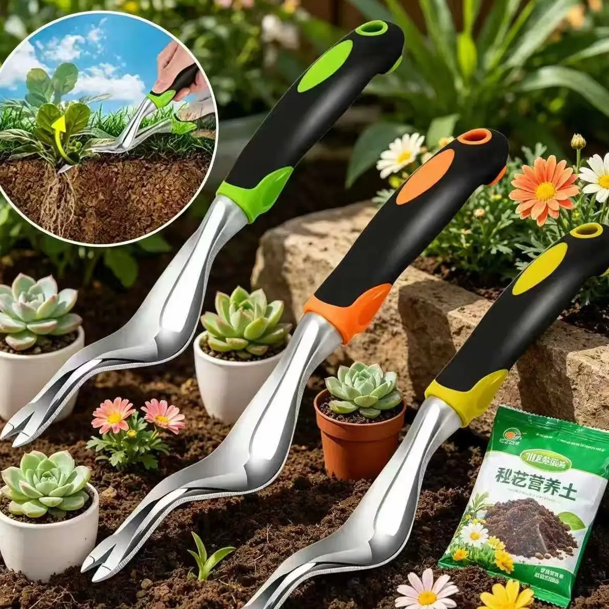 Herramienta desmalezadora manual premium para jardín, herramienta para deshierbar con mango ergonómico, para eliminación de maleza y trasplante en terrenos agrícolas