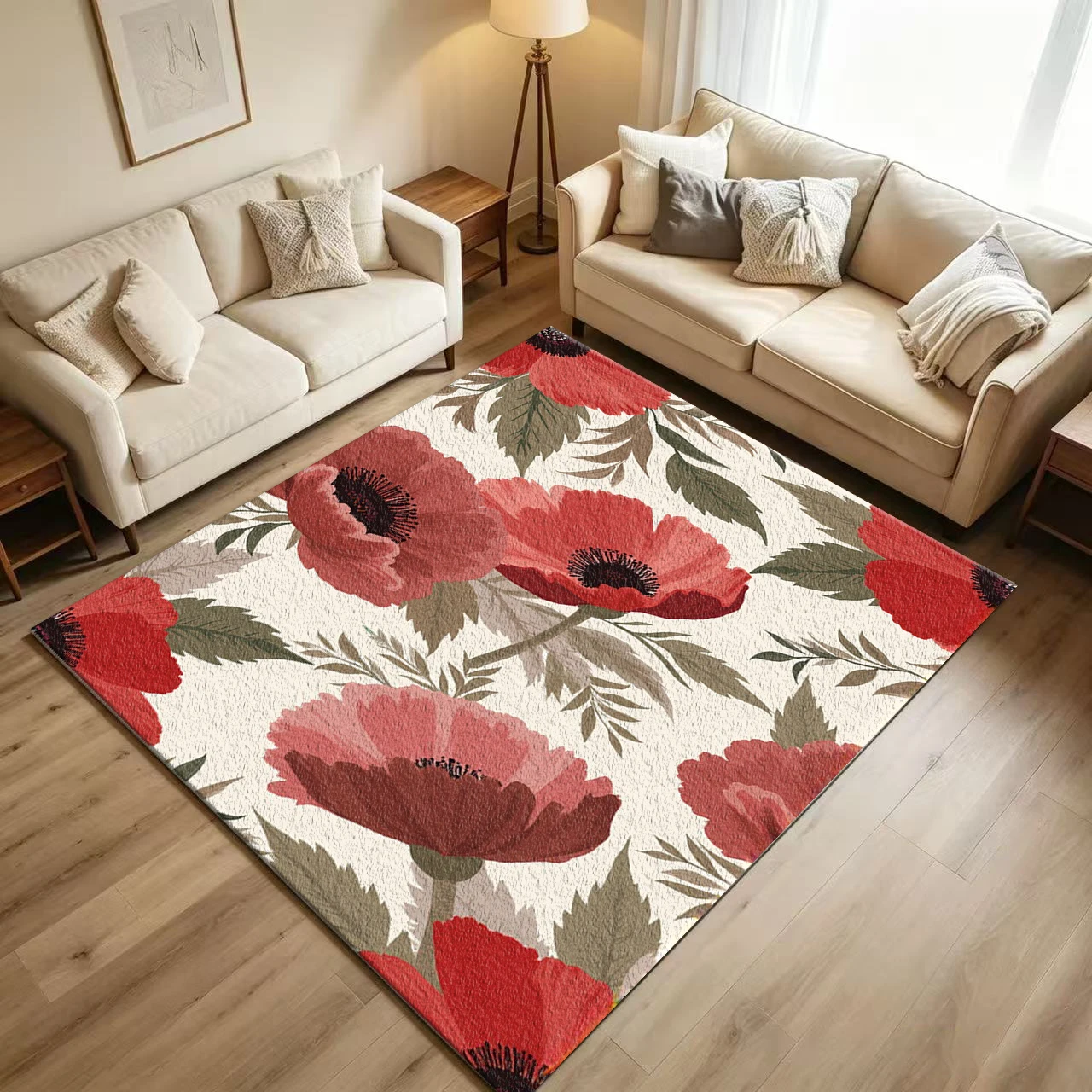 Vintage Red Poppy Floral Carpet Flooring Retro Botanical Poppy Flower Leaf Illustration Art Pattern Printed Floor Rug for Household Indoor Rustic Style Home Decoration