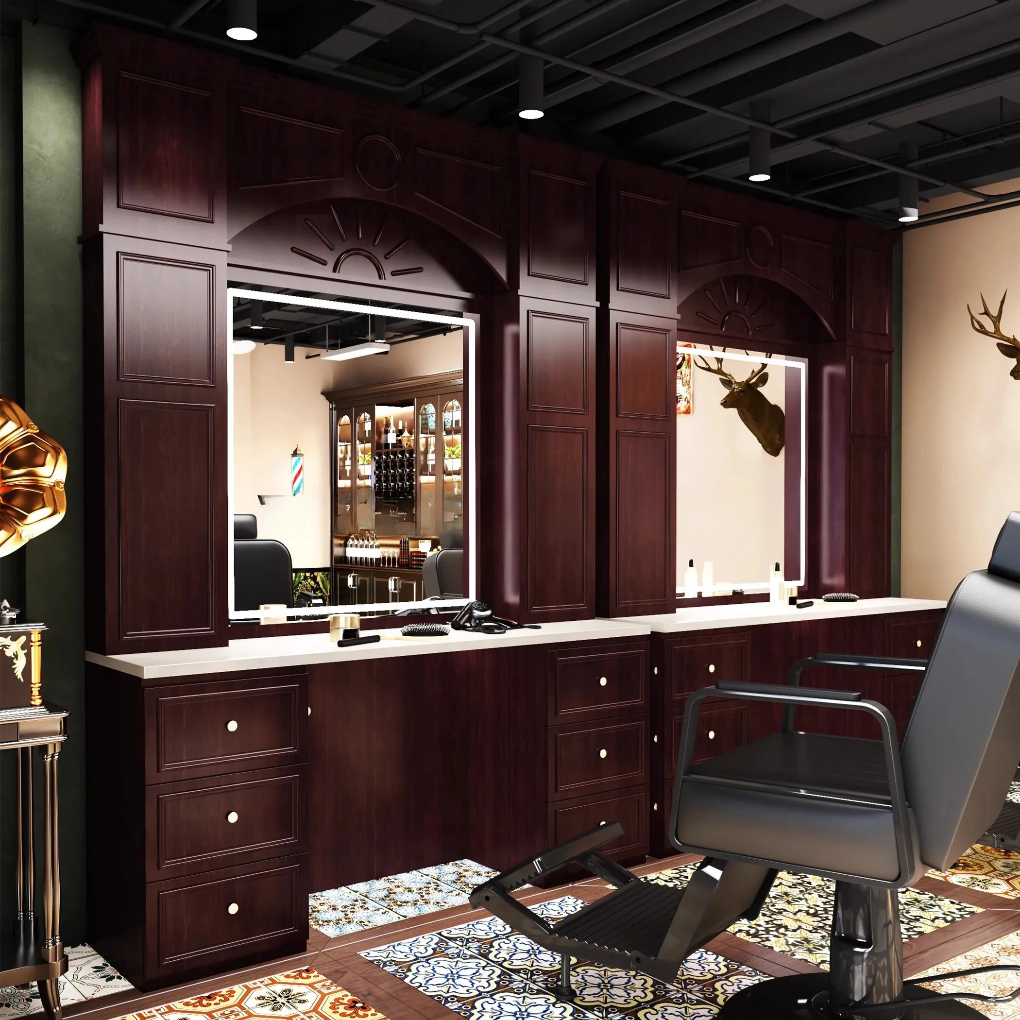 a6.25 High-end solid wood marble retro hairdressing barber shop mirror haircut mirror barber salon hair salon special