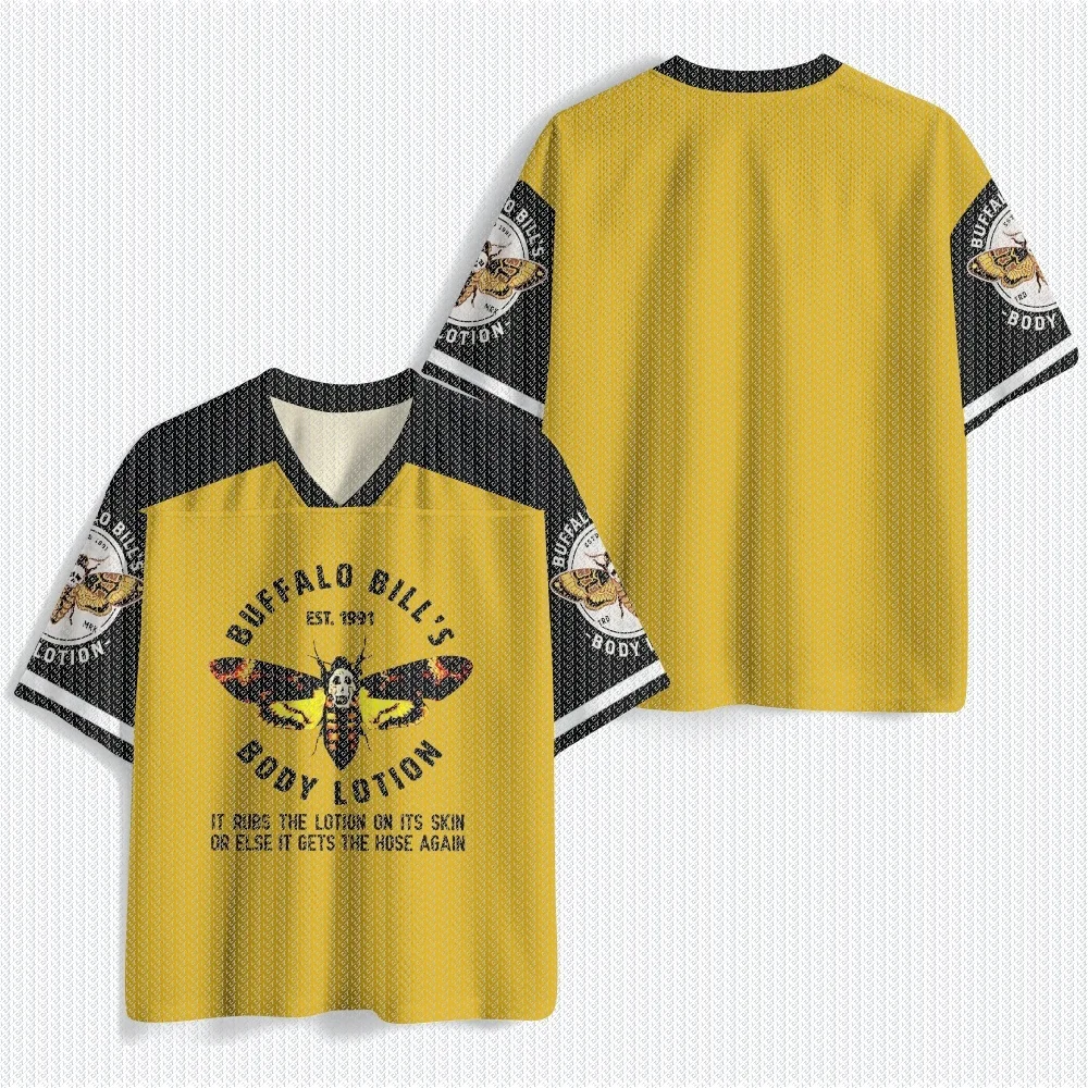 V Neck Yellow Black Mesh Jersey T Shirt Moth Skull Print Front Back Sleeve Casual Streetwear Retro Hip Hop Top