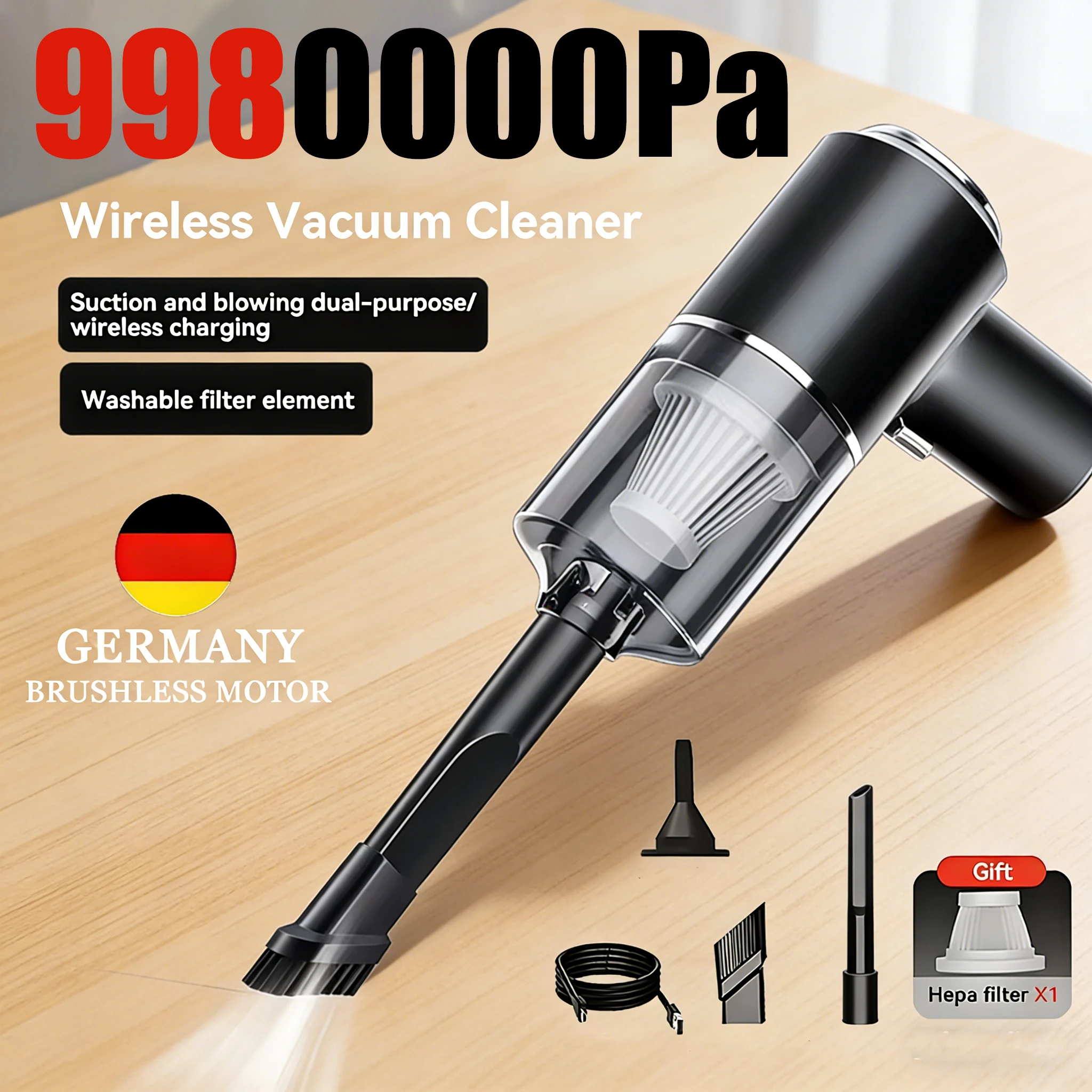 Aspirateur sans fil 9980000Pa 120W Super Puissant 2-en-1 Humide et Sec Double Usage Portable Grande Puissance d'Aspiration 2026