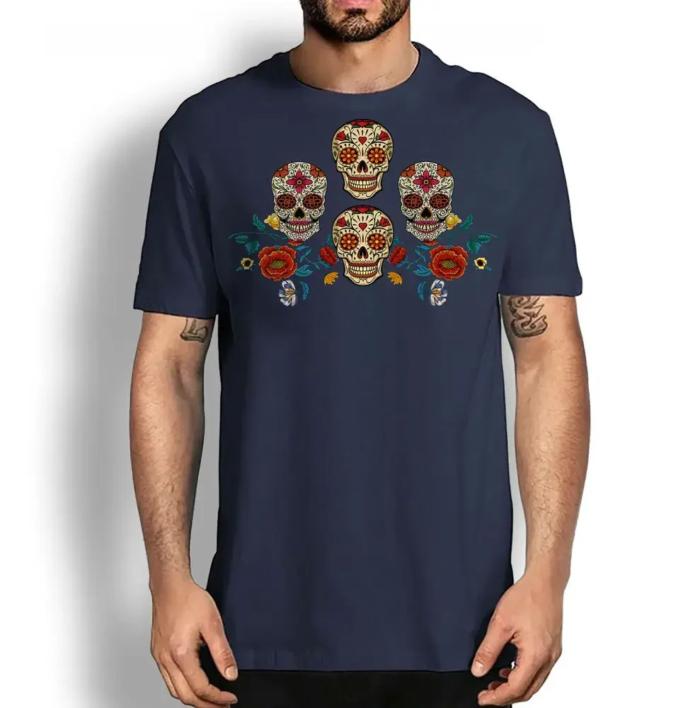 Day of Dead Floral Sugar Skulls Cotton Tee T Shirts Dia De Los Muertos Men's and Women's Graphic T-shirts Y2k Clothes Streetwear