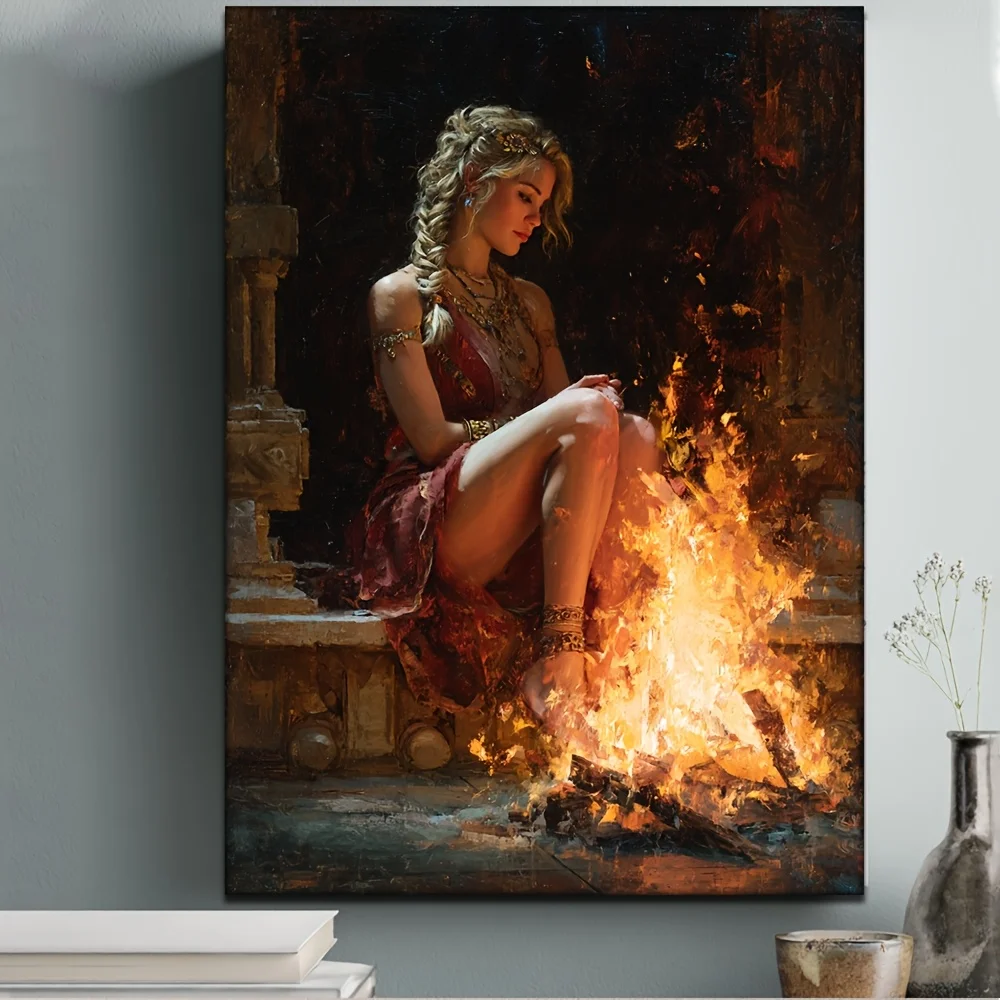 (No frame)1pc Greek Mythology Goddess of Hearth Hestia Painting - Hand-Painted Look Warm Fireplace Decor with Wrapped Canvas