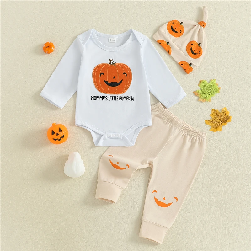 

Newborn Baby Boy Halloween Outfit Loose Fit Pumpkin Crew Neck Long Sleeve Romper Pants and Cap 3 Pcs Set for Fall