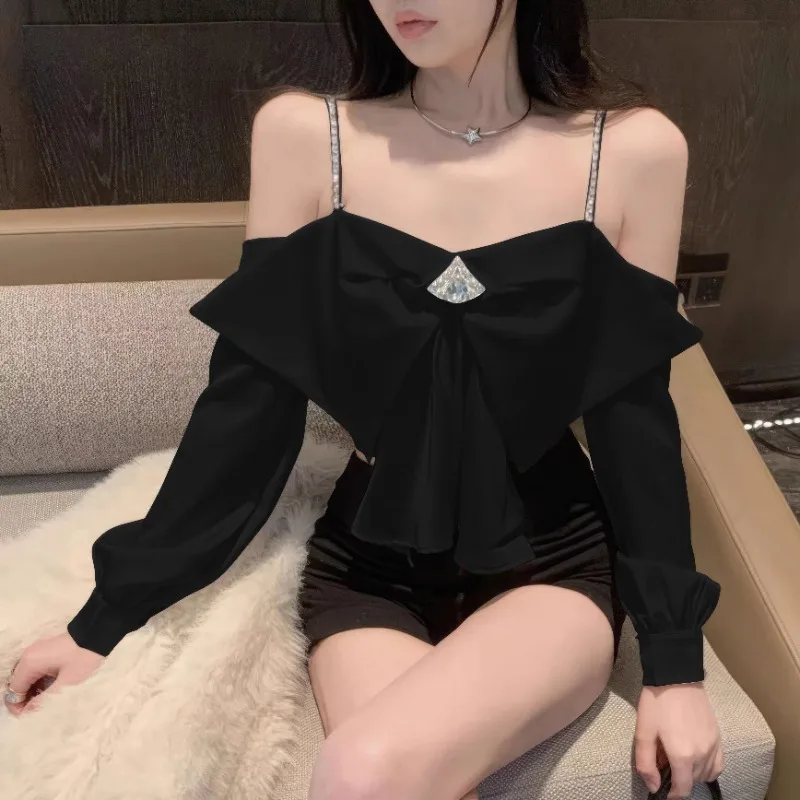 Ezgaga Sexy Shirts Women Slash Neck Off Shoulder Long Sleeve Backless Patchwork Elegant Blouse Female Fashion Crop Tops