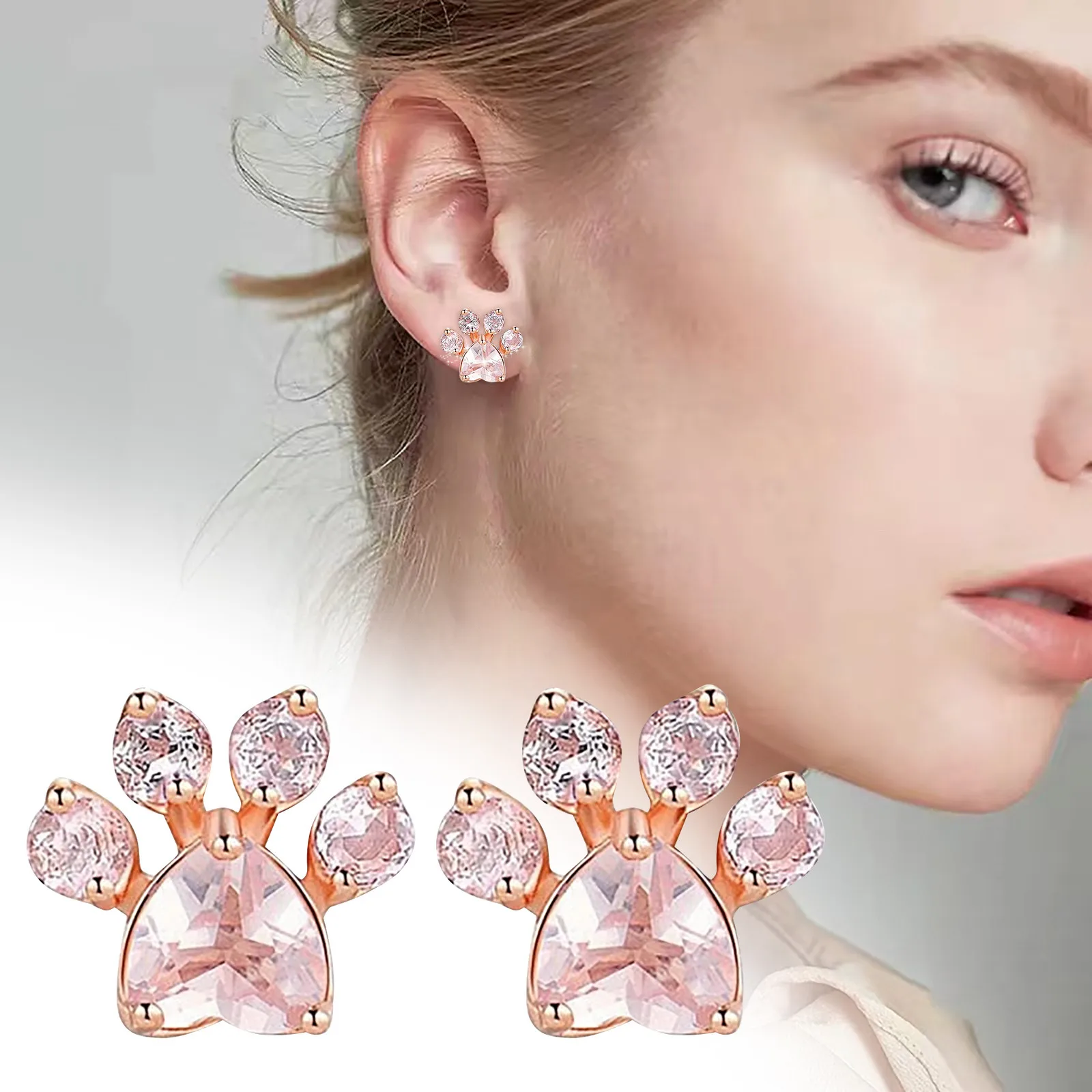 Creative Footprint Pink Crystal Zircon Stud Earrings Jewelry For Woman Pink Zircon Wedding Small Earrings Pink Cat Claw Hoops