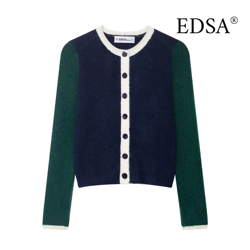 

EDSA Women Green Block Knitted Cardigan Long Sleeves Round Neck Single Breasted Sweater Top for Spring Autumn