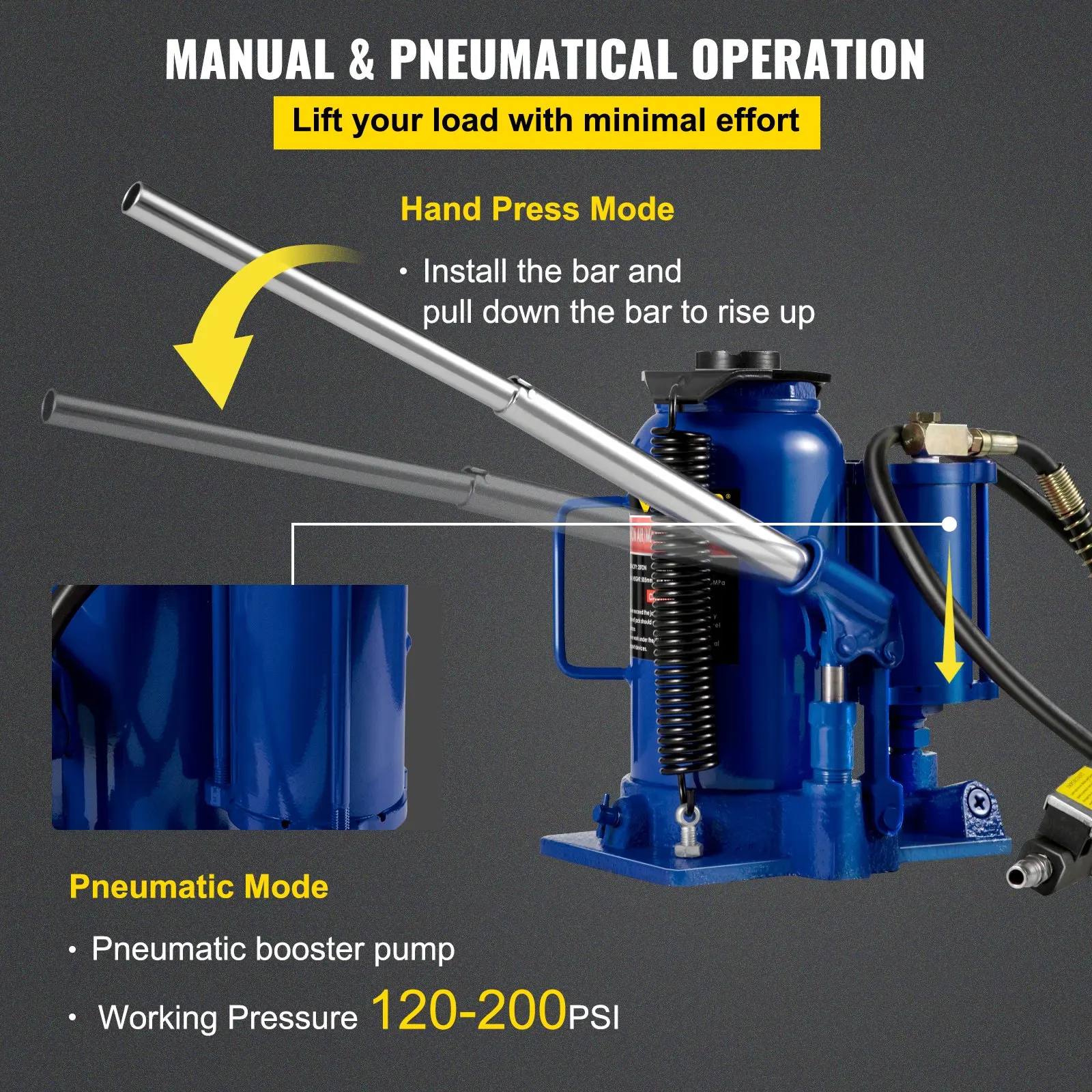 20 Ton 4Ft Air Hydraulic Bottle Car Jack Tool for Lifting Farm Vehicles Heavy-Duty Machinery Industrial Equipment Repair