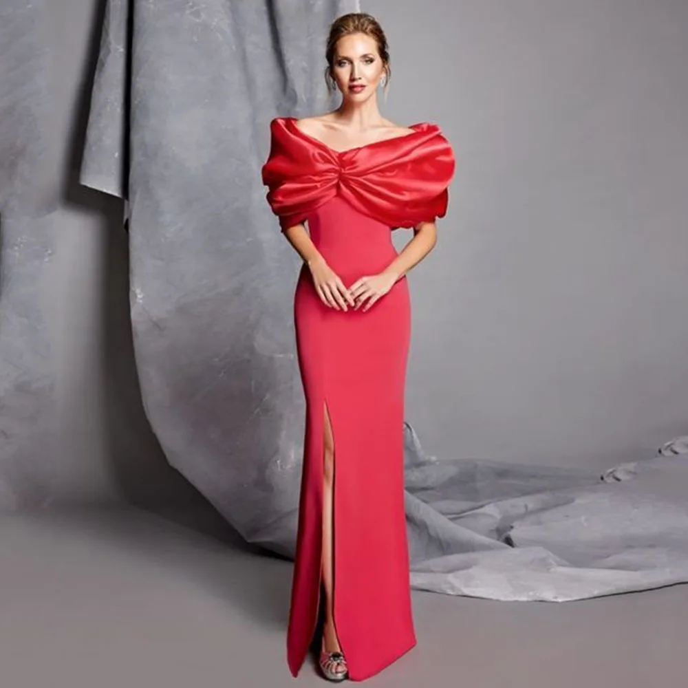 

Elegant Red Mother of the Bride Dress For Wedding Off The Shoulder Floor Length Mermaid Sleeveless Wedding Guest Gown