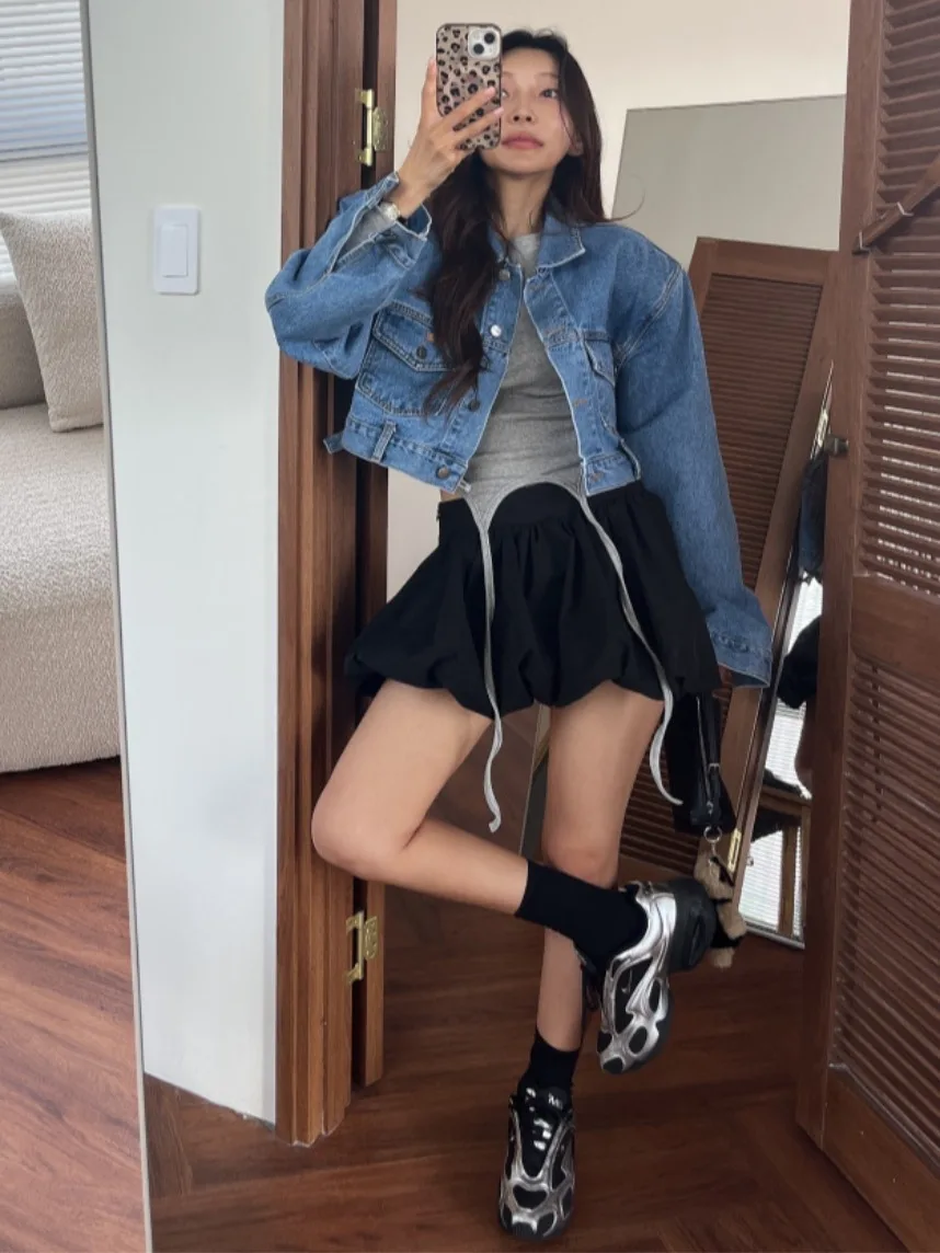 

Retro Waed Blue Denim Jaet ort Casual Single Button oulder Pad Autumn New Sle Dongda Gate Women's Top Coat