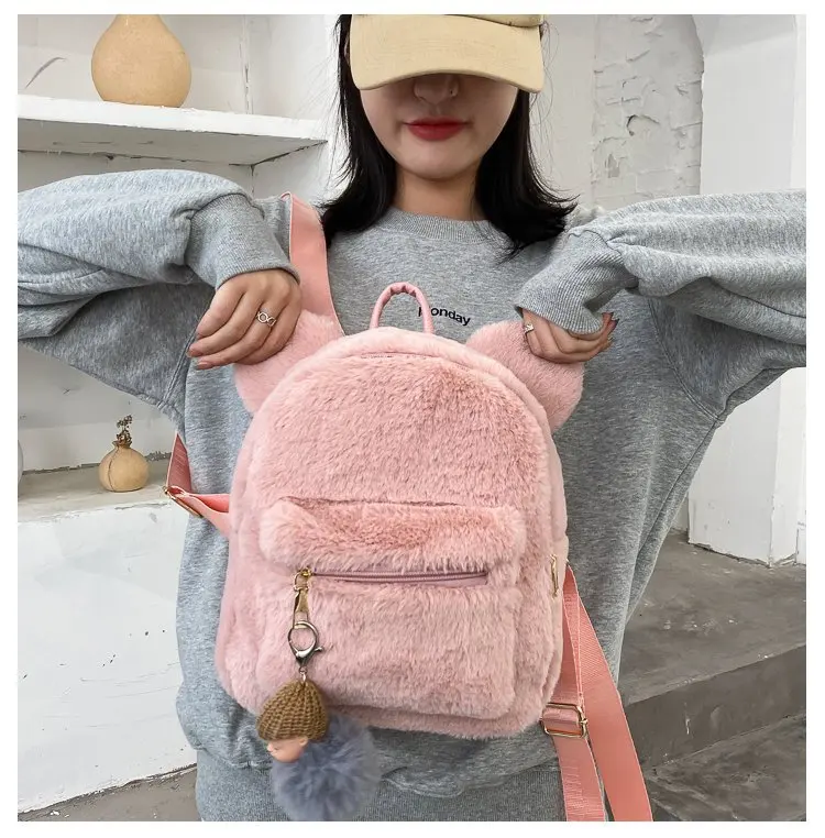 Plush bag ladies small backpack Korean cute Mao Mao backpack 2023 autumn and winter new Joker online celebrity handbag