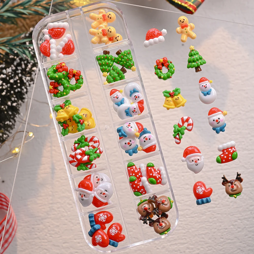 12Grids/Box 3D Christmas Nail Art Charms Kawaii Resin Santa Xmas Tree Bell Elk Gloves Gingerbread Man Nail Decoration NailSupply
