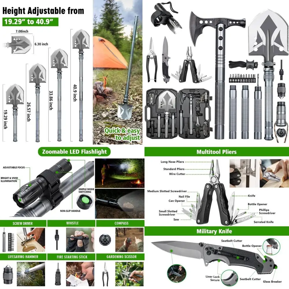 Combo de hacha de pala táctica plegable multifuncional, con hacha, linterna, mangos de extensión, para acampar, andar en bicicleta, senderismo
