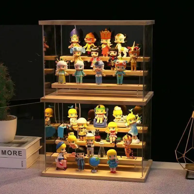 

Clear Acrylic Figure Display Cabinet With Solid Wood Step Stand for Blind Box Toy, Cosmetic, Souvenir Display Box With Light