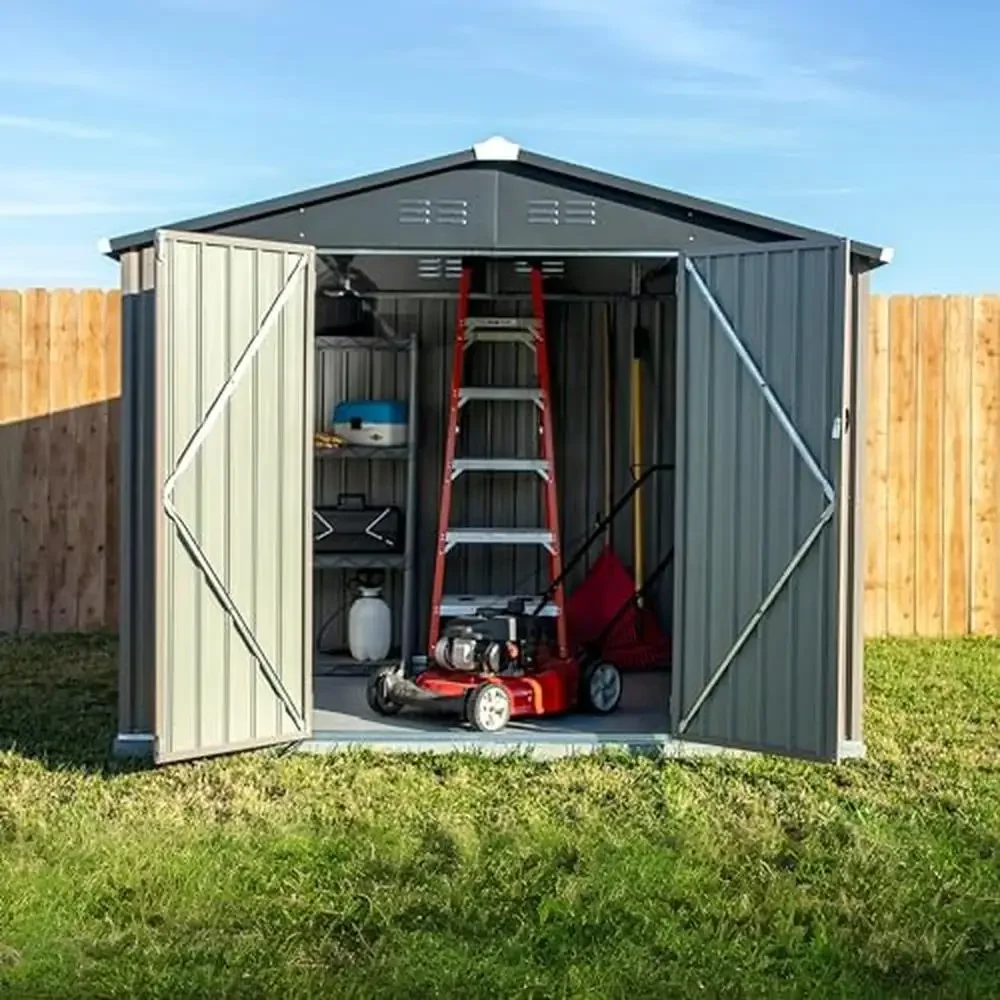 Outdoor Galvanized Steel Storage Shed with Lockable Doors Ideal Bikes Tools and Toys Durable Construction Secure Double Swing