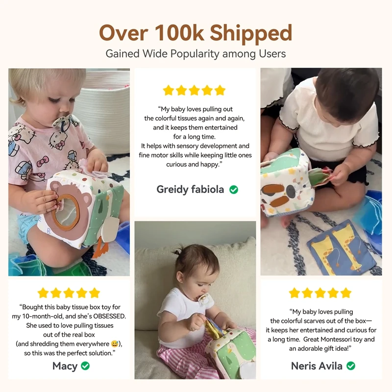 Baby Montessori Rattle Toy Cotton Animal Tissue Box Kid Finger Exercise Cloth Busy Box Toy Baby Educational Activity Sensory Toy